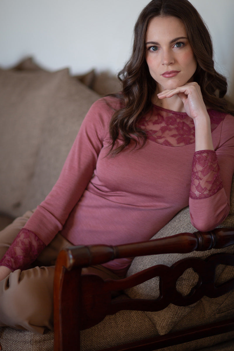 Maglia manica lunga donna Edith・ in lana seta - Girocollo con laize di pizzo