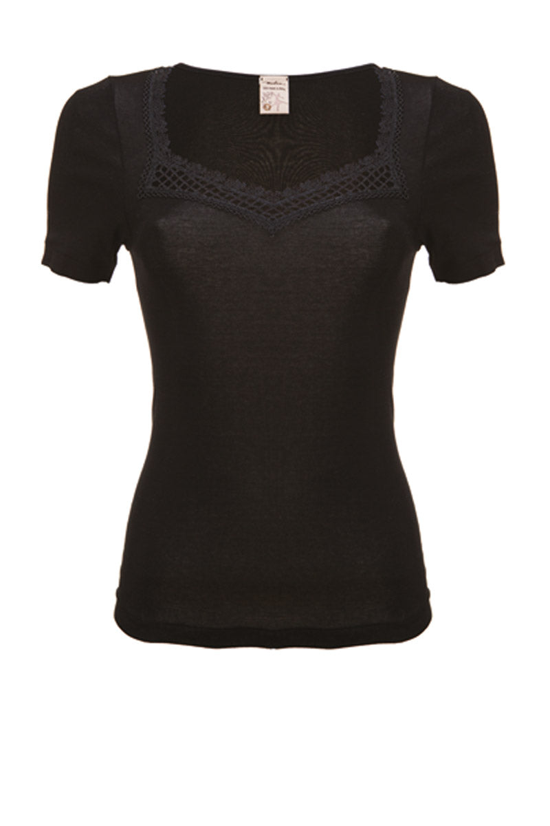Maglietta da donna Electra in cotone - Mezza manica con inserto macramé e tessuto liscio