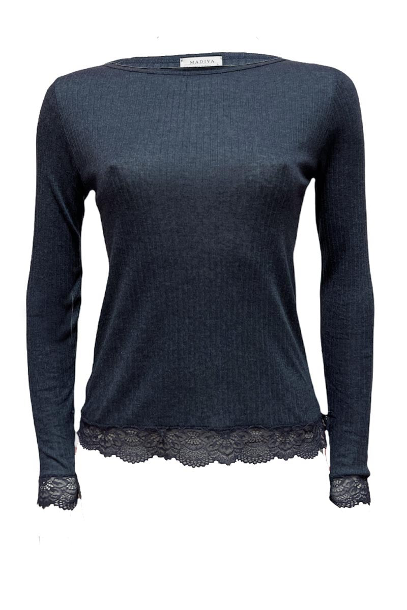 Maglia a manica lunga da donna Emma in Tencel - Girocollo con pizzo leggero e romantico