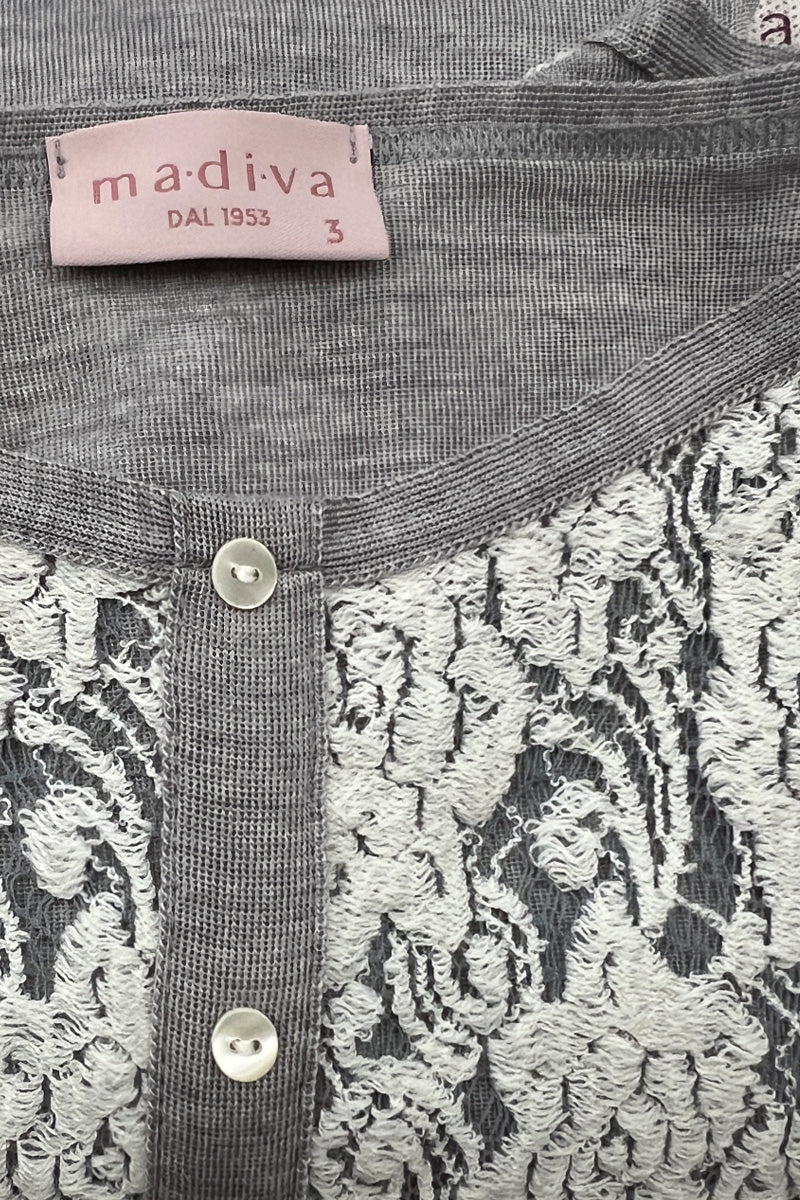 Women's long sleeve sweater Franci・ in silk wool - Crew neck with lace trim and applied serafino