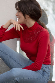 Women's turtleneck sweater Franci・ in silk wool - Long sleeve and wool lace