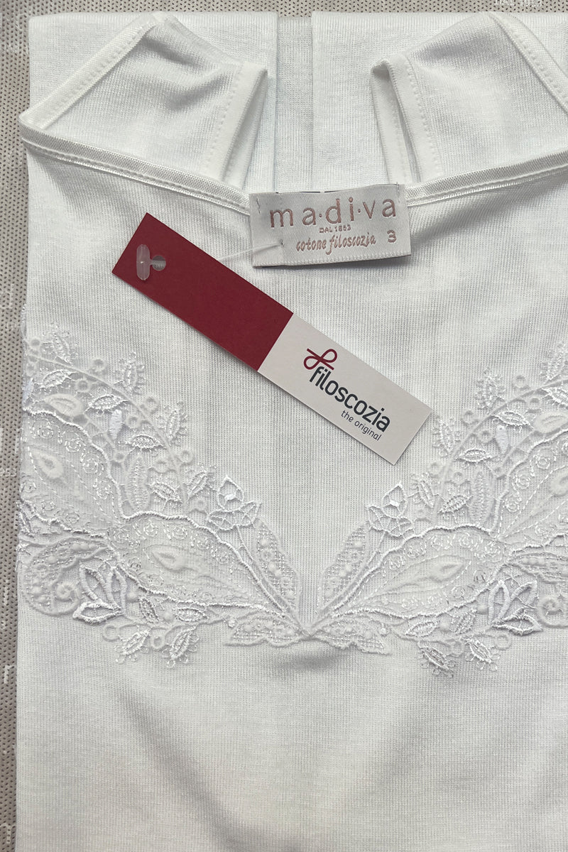 Canotta da donna Gioia in cotone filoscozia - Spalla larga con inserto in tulle e macramé