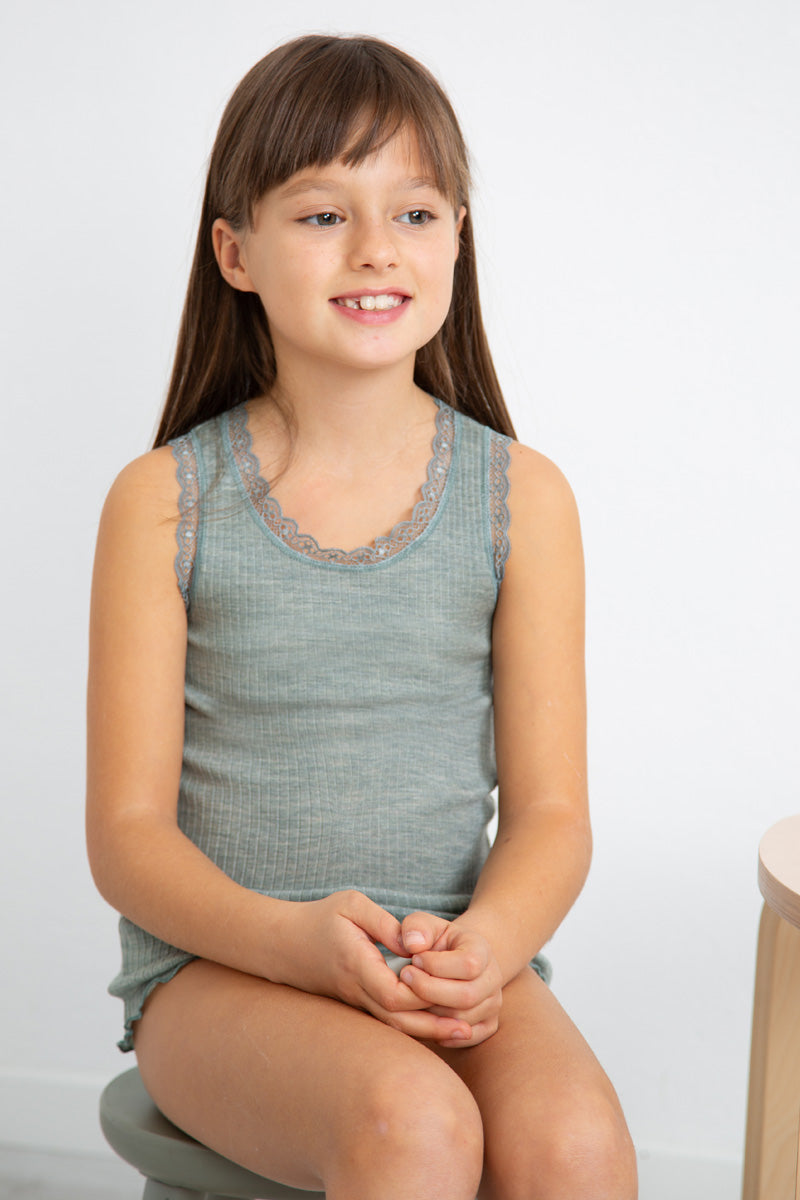 Ilaria girls' cardigan in silk wool - Wide shoulder and elastic lace with bow