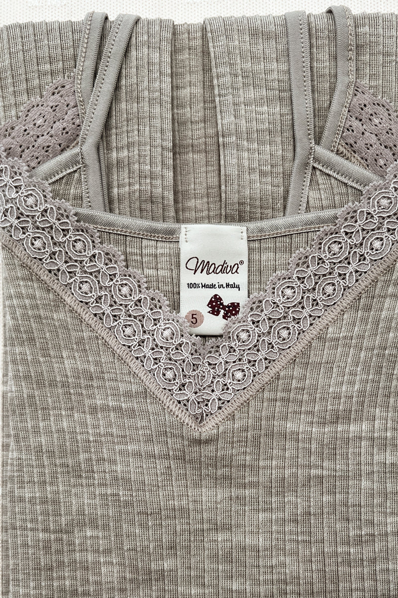 Canotta da donna Ilenia in lana seta - Spalla stretta Pizzetto elastico e plissé