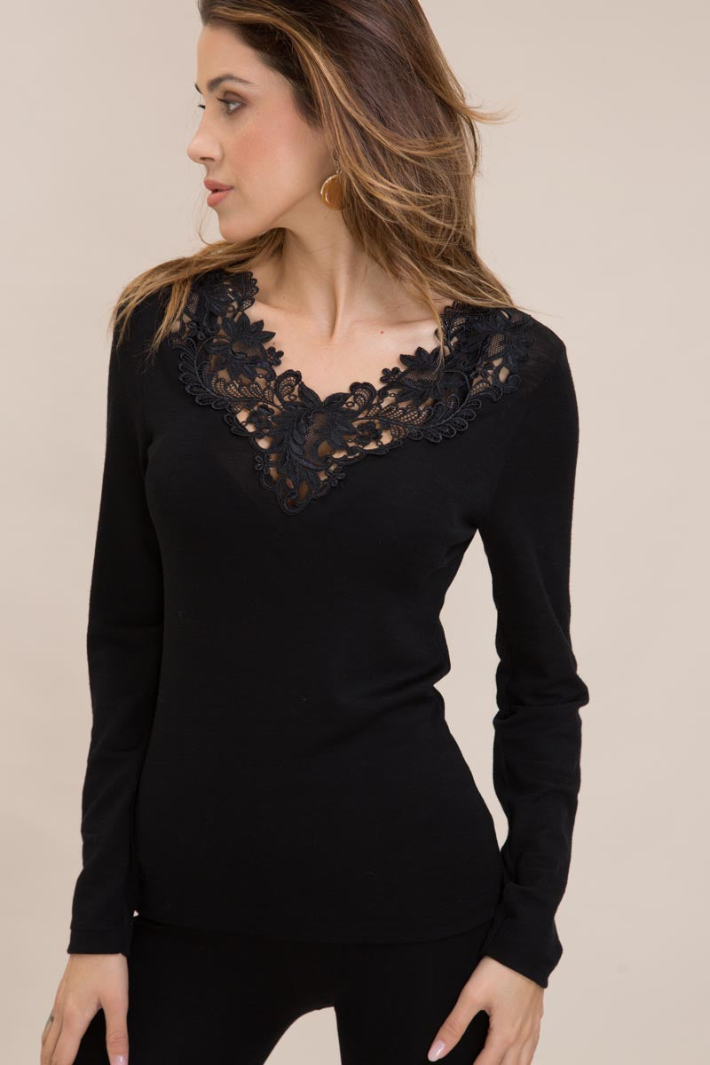 Women's Kayla sweater - in silk wool - Long sleeve and Swiss macramé