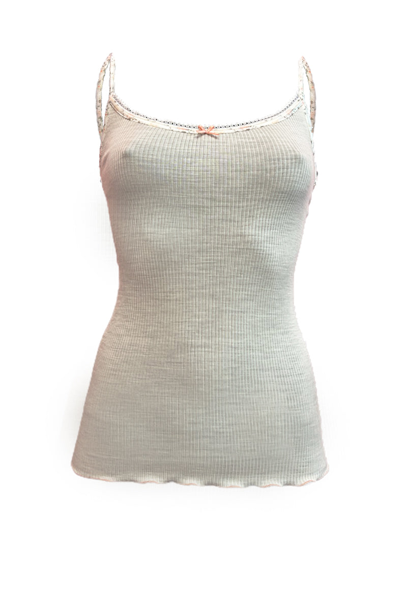 Canotta spalla stretta da donna Lili in lana merino e seta - Piega di raso con stampa floreale e puntina elastica