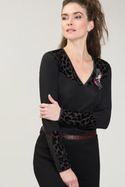 Women's Lucrezia sweater in silk wool - V-neck, long sleeves, and plush leopard print lace