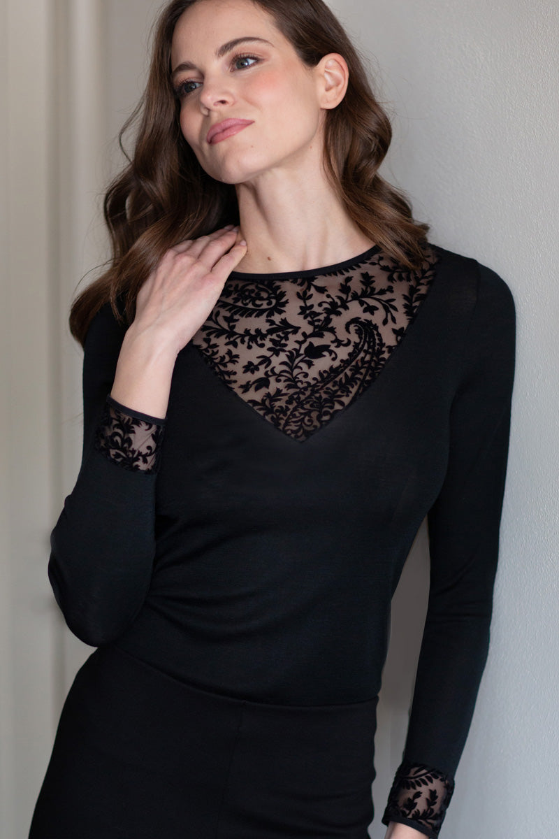 Lucrezia Long Sleeve Roundneck - Wool Silk with flocked leopard 