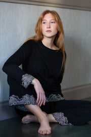 Women's pajama Mia in microfiber and wool - Enhanced with lace trim with corded edge