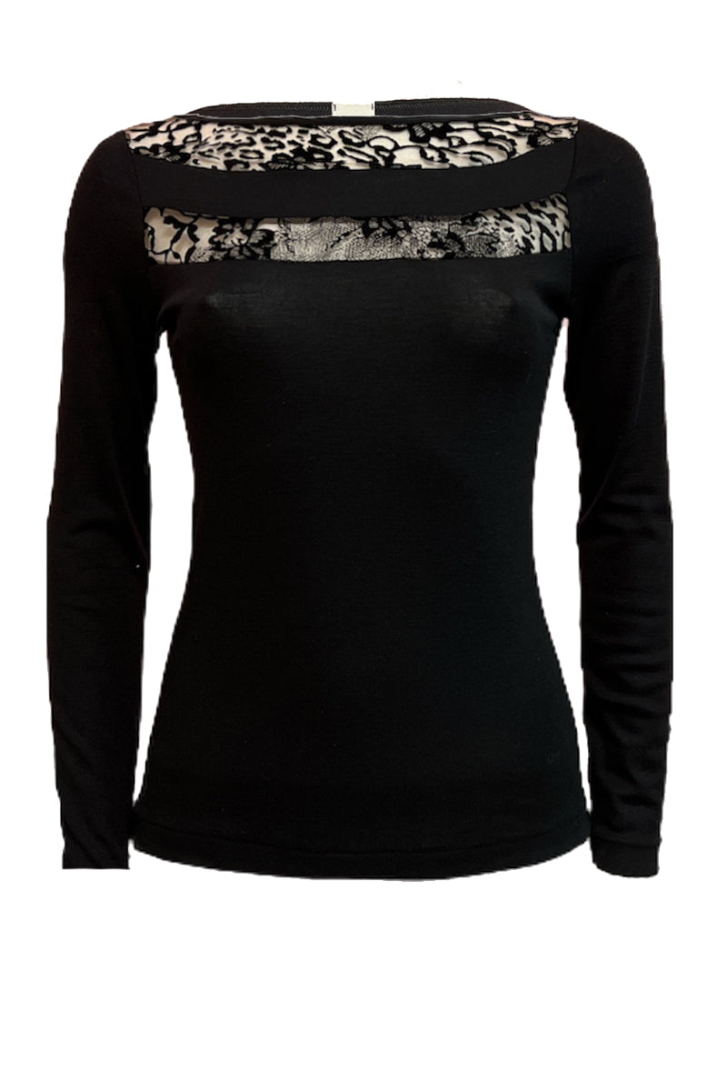 Maglia da donna Nora- in lana seta - Scollo barchetta e Inserti di tulle floccato