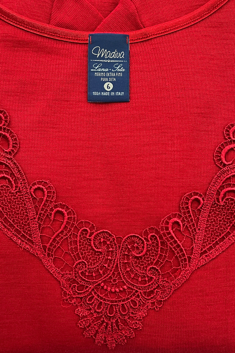 Maglietta da donna Olga in lana merino e seta - Mezza manica avvolgente con inserto in macramè ON