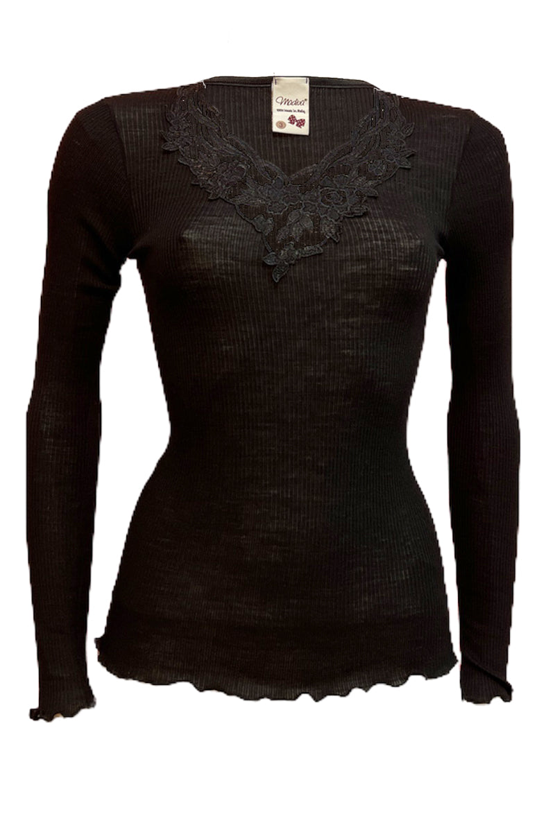 Maglia lunga da donna Phoebe in lana seta - Manica lunga e macramé