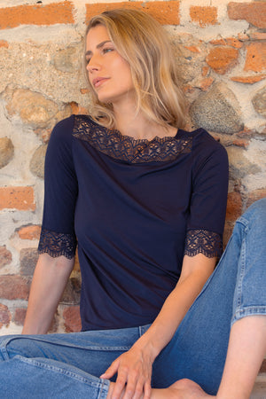 Women's T-Shirt Positano in Micromodal - Elbow sleeve boat neck and elastic lace crochet effect