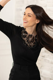 Women's long sleeve top Sonia・Long sleeve in modal wool - With tulle and bicolor macramé insert (Copy)