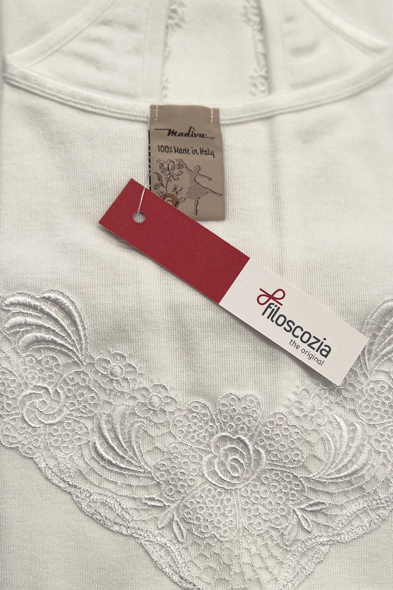 Canotta donna Telma in cotone filoscozia - Spalla larga con inserto macramé