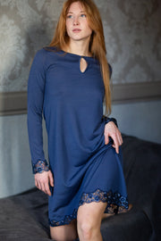 Women's nightgown Tilli in microfiber and wool - Enhanced with a two-tone lace trim
