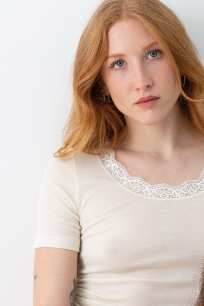 Tina Short Sleeve - Tubolar Wool Silk with elegant elastic French lace flounce.
