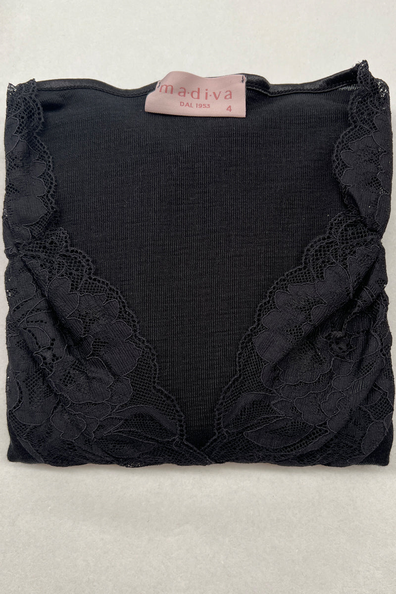 Women's long sleeve top Titti・ in silk wool - V-neck and lace ruffle