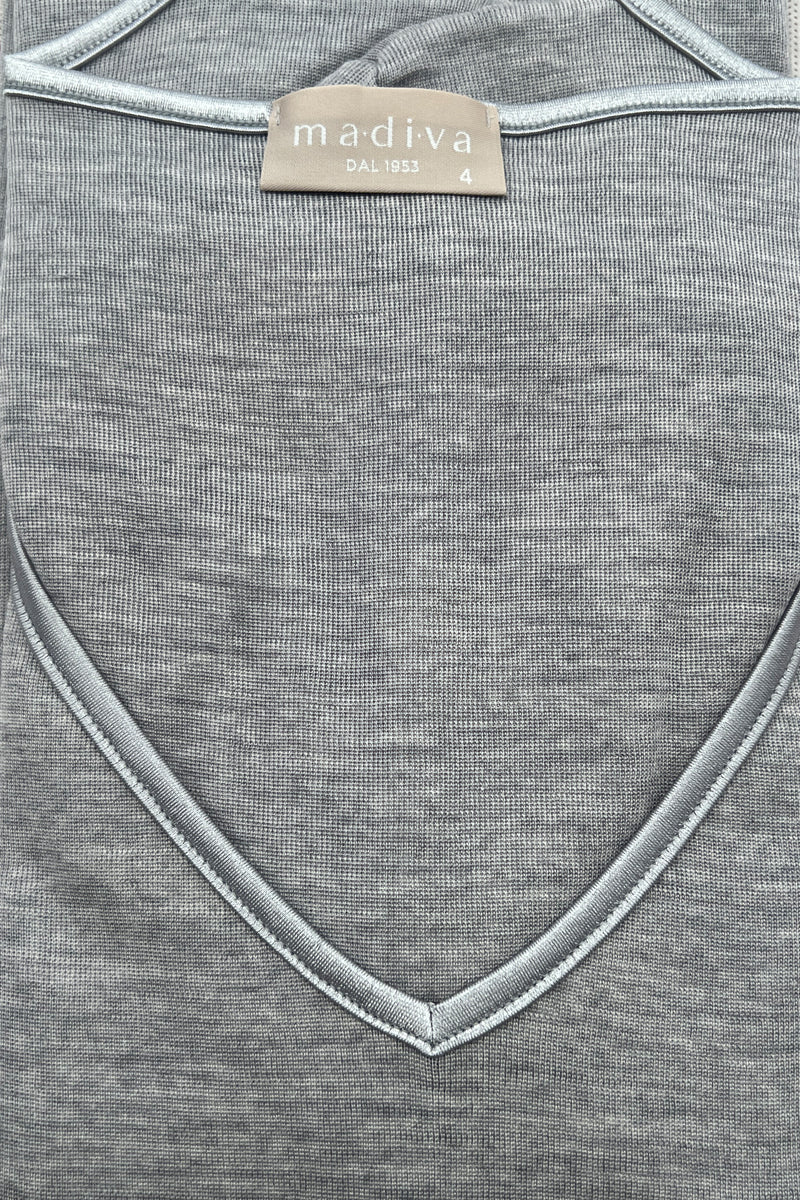 Maglietta lunga da donna Vale in lana seta - Scollo a V e bordo di raso