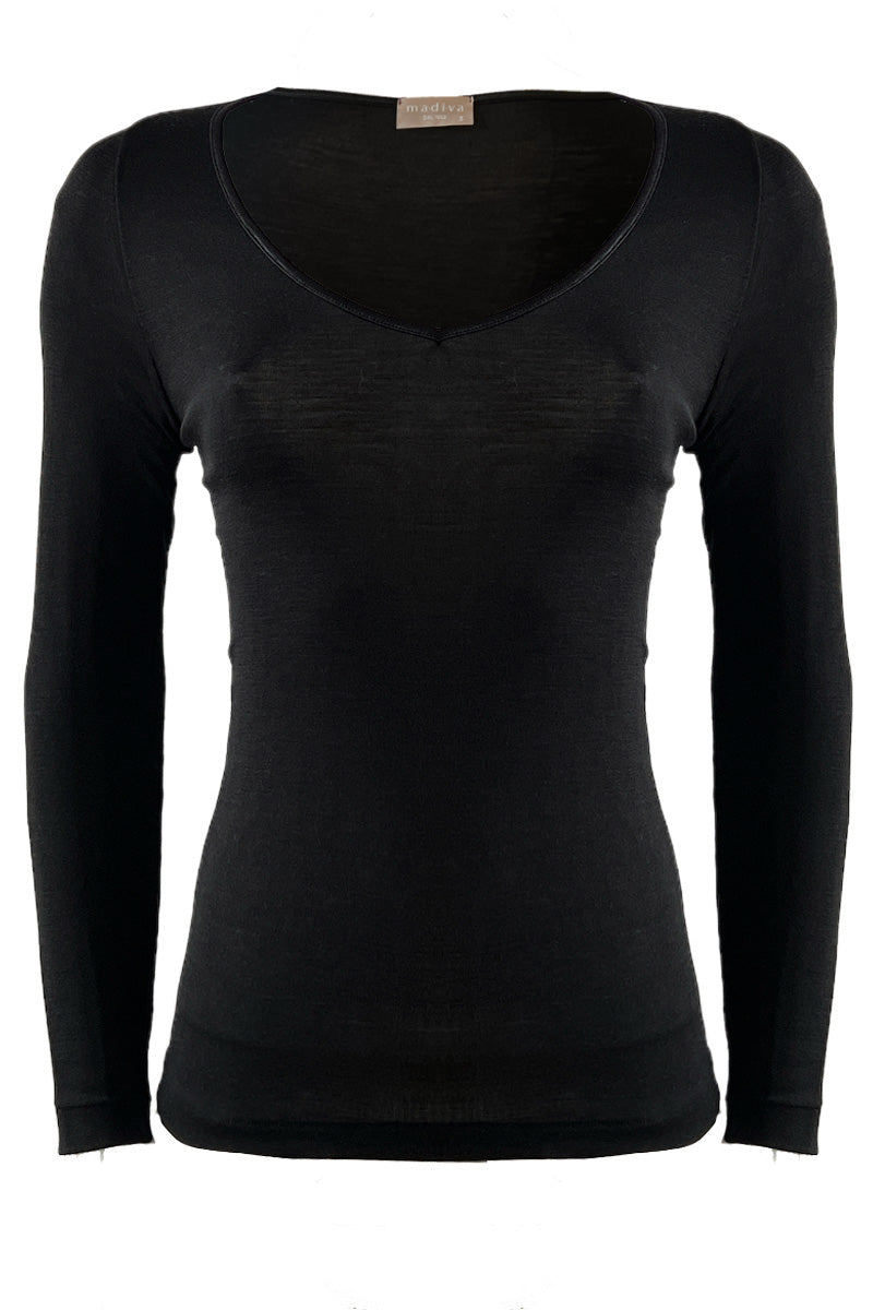 Maglietta lunga da donna Vale in lana seta - Scollo a V e bordo di raso CLASSIC