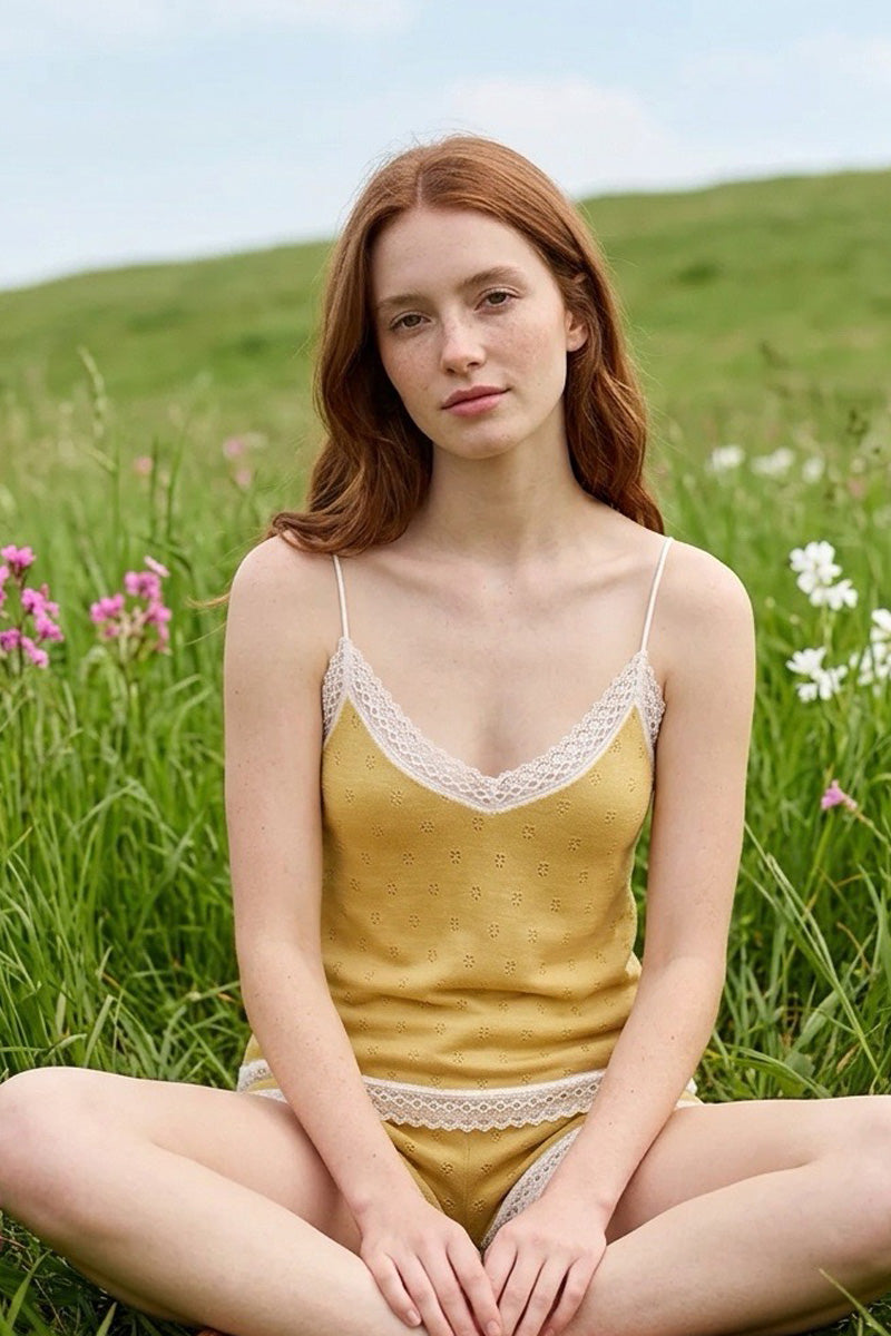 Canotta da donna Vivi in cotone - Pizzettino elastico e collaretta in tessuto stampato