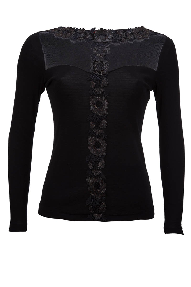 Maglia da donna 204 in lana seta - Scollo barchetta e lista di fiori laserati