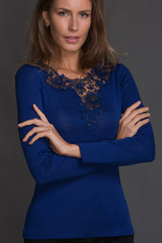 Maglia da donna 216 in lana seta - Girocollo con inserto di macramè e tulle