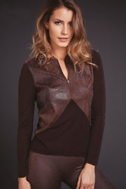 Maglia da donna 226 in lana seta e finta pelle - Girocollo rifinito con organza e apertura con zip invisibile