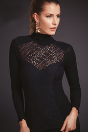 Maglia dolcevita da donna 247 in lana merino e seta - Manica lunga con davantino in pizzo e spallotte in elastico