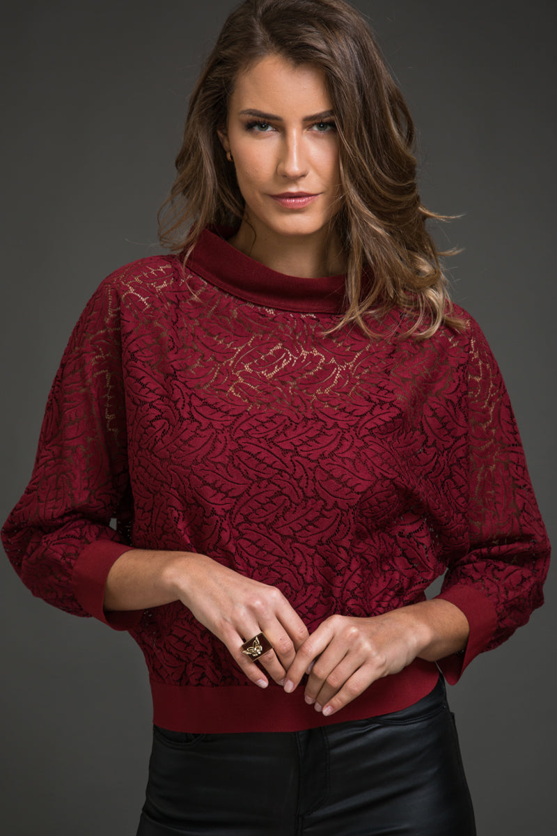 Maglia da donna 248 in pizzo - Manica 3/4 e collo camino