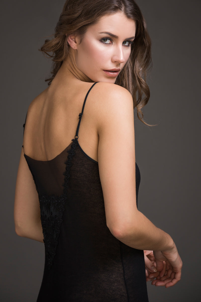 Sottoveste da donna 334 in voile misto cachemire - Schiena ricamata e seducente con spalline regolabili