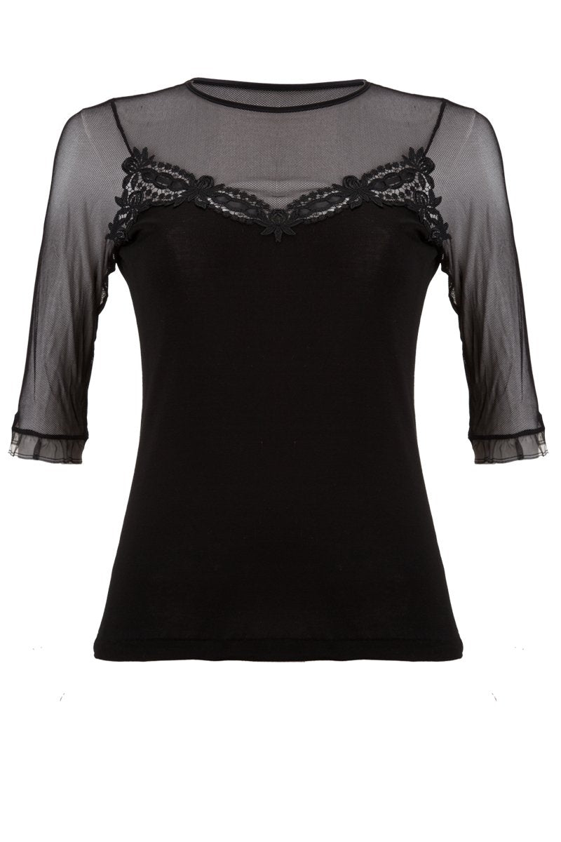 Maglia da donna 512 in cotone filoscozia - Manica al gomito e dettagli in macramé