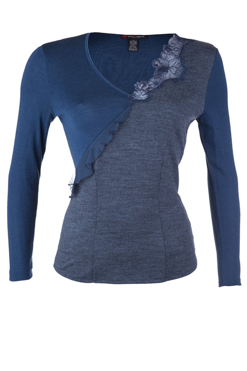 Maglia sottogiacca da donna 683 in lana seta - Applicazione macramè e volant in microrete