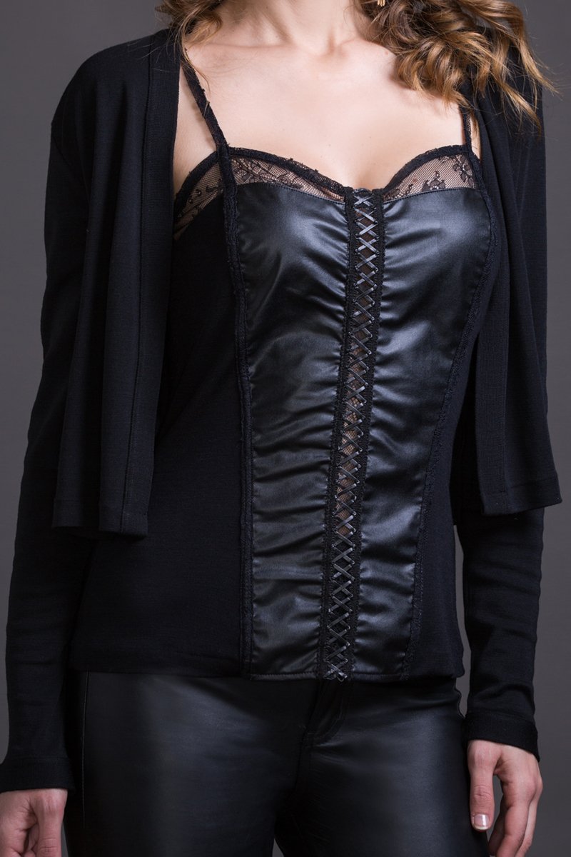 Corsetto da donna 697 in lana seta e eco-pelle - Spalla stretta e elegante design