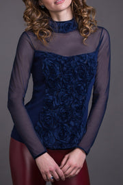 Maglia lupetto da donna 702 in lana seta - Davantino ricamato e maniche in tulle