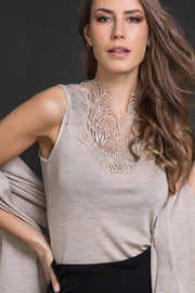 Smanicato da donna 755 in lana merino e seta - Inserto in macramè svizzero e stile retrò