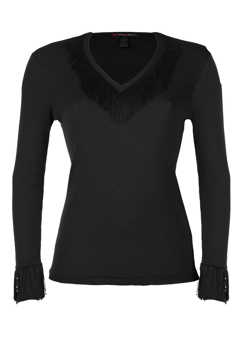 75804 Wool silk V-neck long sleeves sweater with fringes