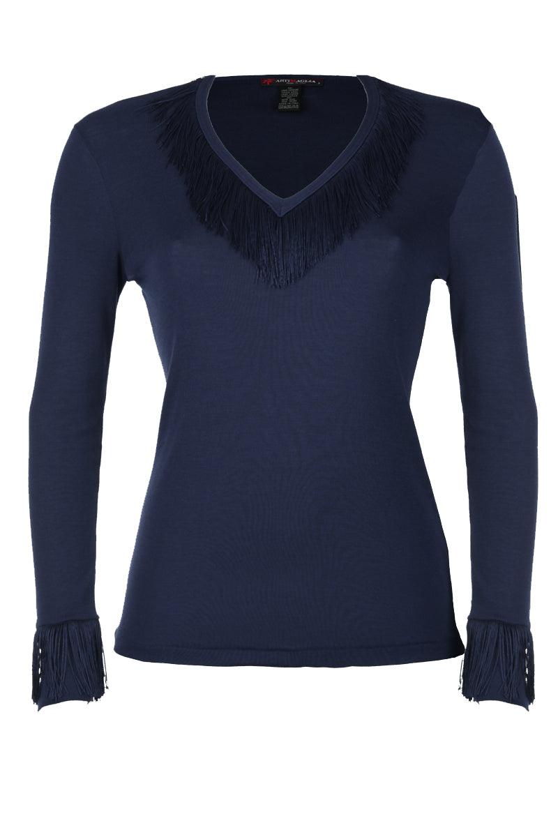 75804 Wool silk V-neck long sleeves sweater with fringes