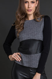 761 04 Long sleeve sweater in silk wool with leather and masculine fabric