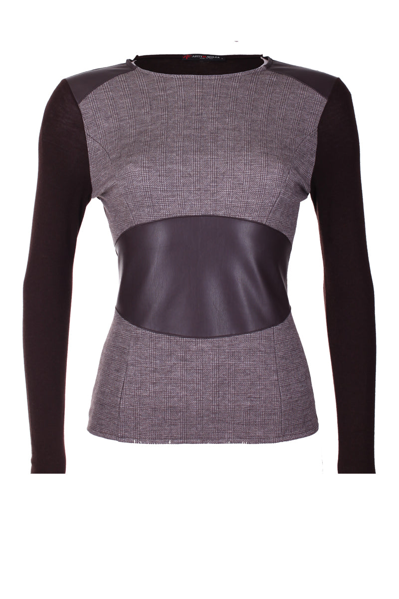 761 04 Long sleeve sweater in silk wool with leather and masculine fabric