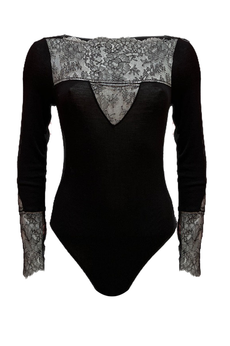 Body da donna 775 in lana merino e seta - Manica lunga e dettaglio in pizzo