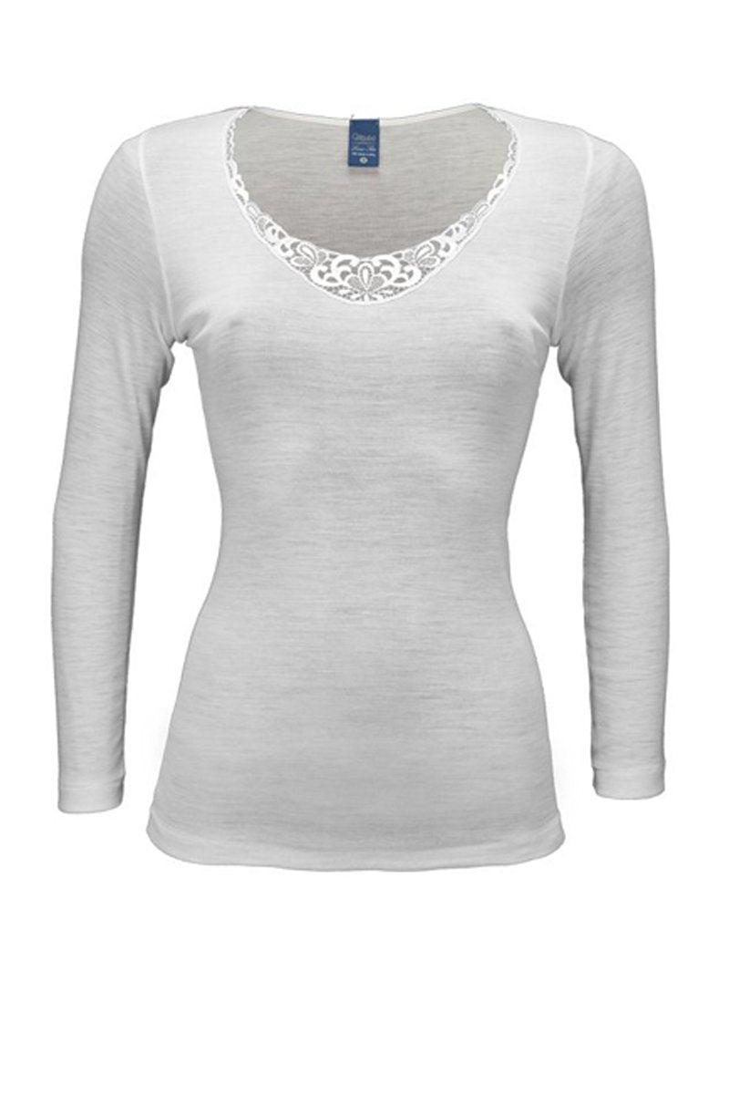Maglia intima da donna Cinzia in lana seta - Manica lunga e inserti in macramé