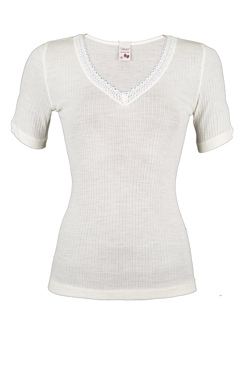 Maglietta da donna Ilenia in lana merino extrafine e seta - Mezza manica e pizzetto elastico