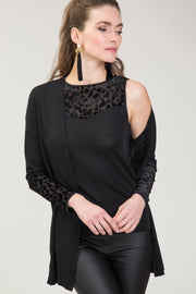 Smanicato donna Lucrezia in lana seta - Girocollo elegante con laize di leopardo floccato