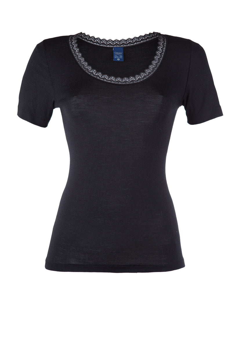 Maglietta da donna Tina in lana seta - Mezza manica e balzina elastica in pizzo